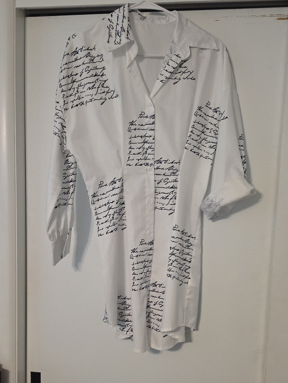 White Button-Up Shirt with Black Script Print